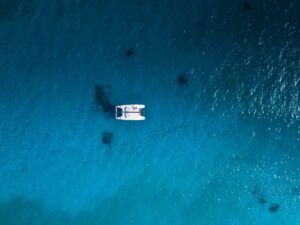 This picture shows a catamaran in the sea of Mexico.