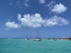 This picture shows a catamaran off the island of Isla Mujeres in Mexico